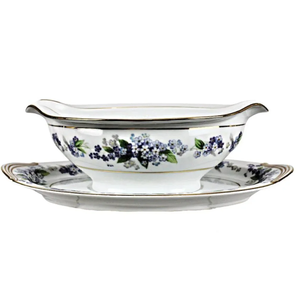 Noritake Gravy Boat China  Attached Plate Vintage Pattern Ramona Purple Flower